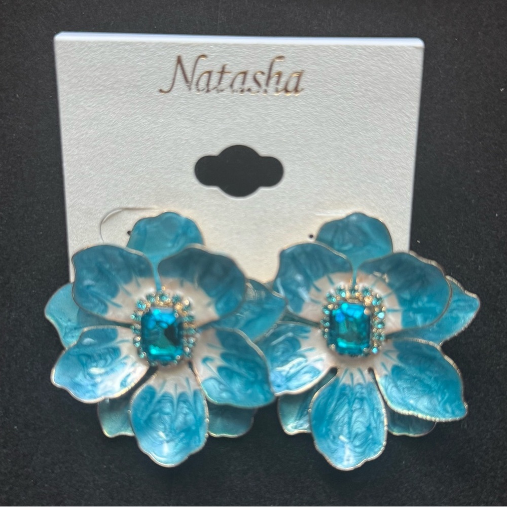 Natasha Couture Blue Floral Stud Earrings with Rhinestone Center - Picture 3 of 4